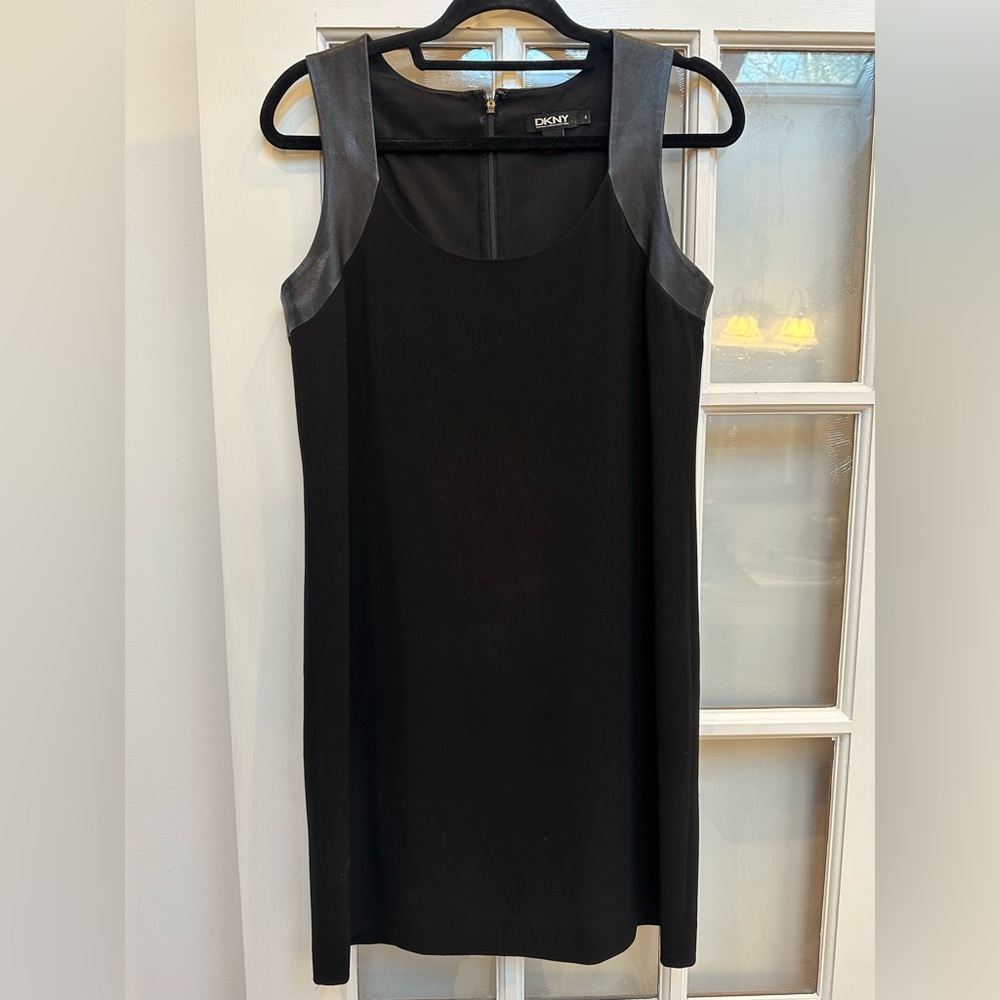 DKNY Black Lamb Leather Trim Classic Timeless Cocktail Goth Dress Size 4 Small